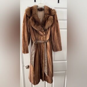 Vintage Brown Full-Length Mink Fur Coat with Belt